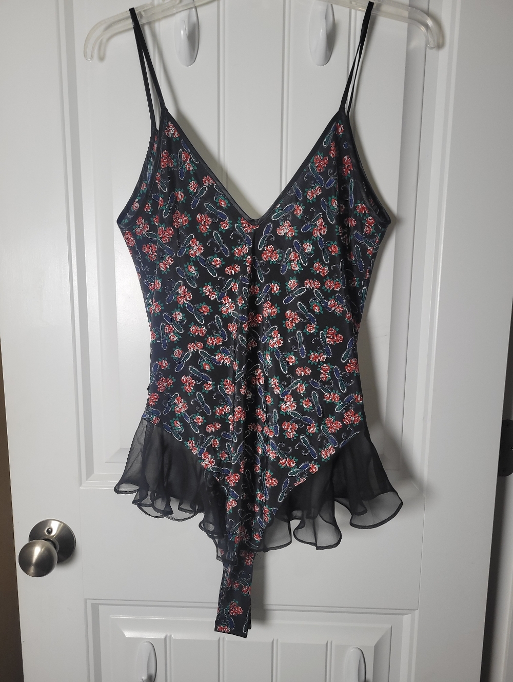 Women's Floral Lace-Trim Camisole Bodysuit - Black with Red Floral, No Label